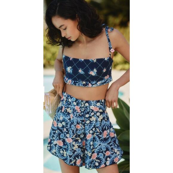 Agua Bendita Nalia Shorts Anthropologie Shorts And Top Blue Floral Medium ES - Picture 1 of 7